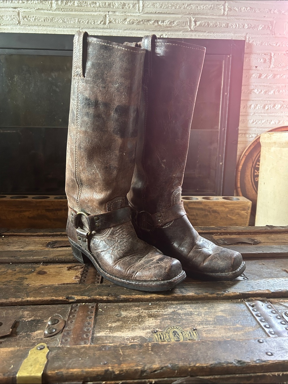Frye Distressed Dark Brown Leather Harness Boots